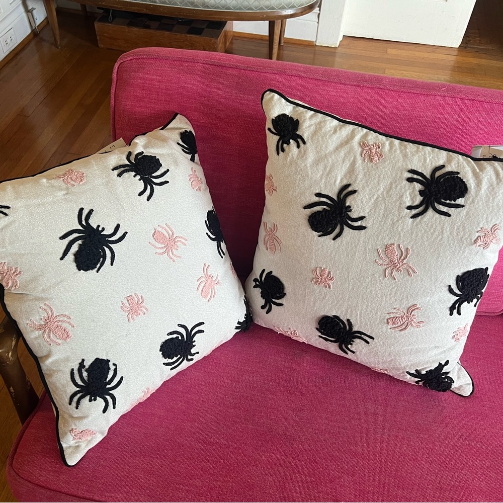 2 Pink and black spiders w/ silver threading Halloween pillow